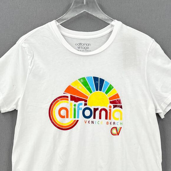 CALIFORNIAN VINTAGE Short Sleeve Crew Neck Tee Womes White Venice Rainbow Shirt - Picture 3 of 13